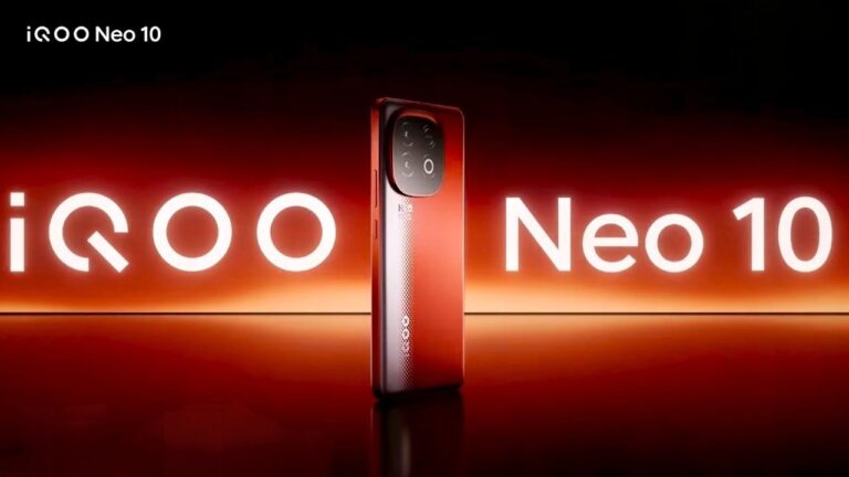 iQOO Neo 10 smartphone in Inferno Red color with dual camera setup against vibrant red background