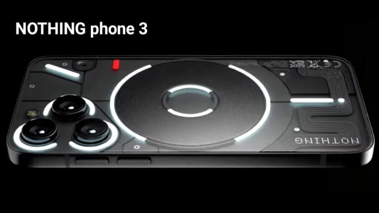 Nothing Phone 3 rear view showing triple camera system and signature Glyph interface lighting on black background