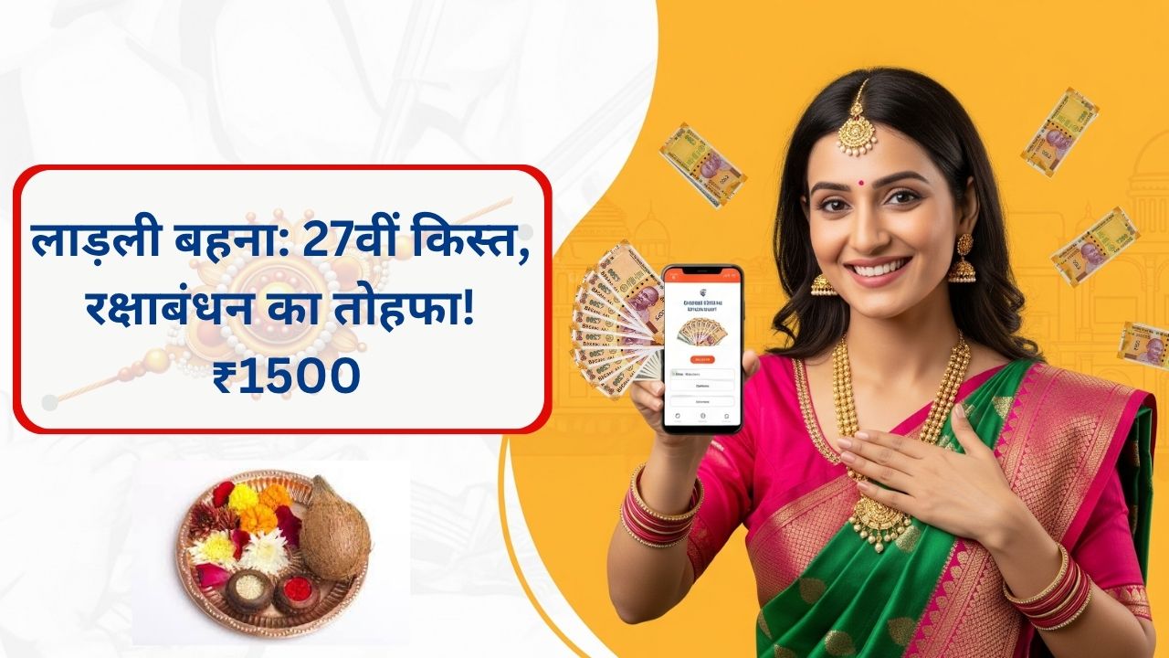 Happy woman in saree holding phone with Ladli Behna Yojana 27th installment and Raksha Bandhan bonus of ₹1500.